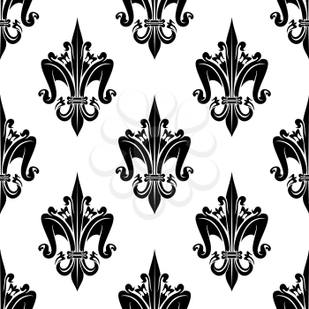 Black and white seamless french heraldic decorative floral pattern of fleur-de-lis flowers. Use as medieval interior design or royal background. Vector illustration