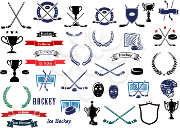 Ice hockey sport game icons, design elements and items with crossed sticks, pucks, gates, goalie masks and protective helmets, sport trophy, ribbon banners, stars and laurel wreaths
