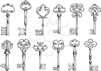 Ornamental medieval vintage keys with intricate forging, composed of fleur-de-lis elements, victorian leaf scrolls and heart shaped swirls.