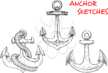 Ancient marine anchors with twisted rope. Isolated sketch icons for nautical emblem, travel or tattoo design usage