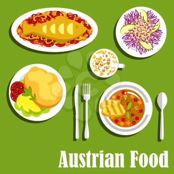 Viennese popular dishes of austrian cuisine with fish and vegetables, fluffy egg souffle, red cabbage salad with apples, goulash soup with bread and coffee with foamed milk