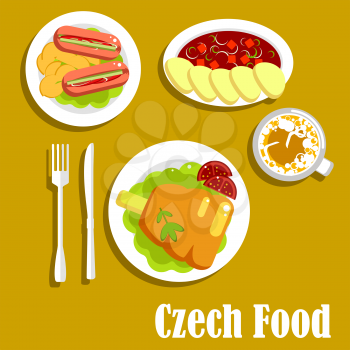 Meat dishes and drink of czech cuisine. Tomato soup with beef and dumplings, roast pork knee on lettuce, pickled sausages, stuffed with pickles, served with fried potatoes and cappuccino cup