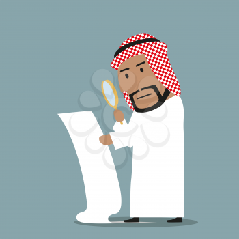 Concentrated arabian businessman with magnifying glass reading and analyzing big contract. Contract inspection, fine print, fraud in terms and conditions concept