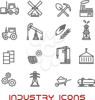 Industry and ecology thin line icons with oil pump and barrel, refinery, tractor, corn, wheat, radiation, solar panel, gears, fuel and forklift trucks, lamp and shovel, windmill and electricity