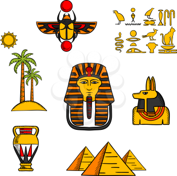 Egypt travel and culture icons with Giza pyramids, golden mask of pharaoh and ancient hieroglyphics, scarab amulet and Anubis god, amphora and landscape of palm trees with sun