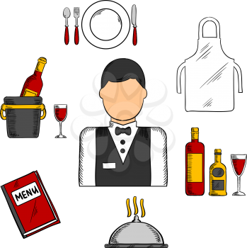 Waiter profession icons with man in uniform, bow tie encircled by menu book, apron, tray with bottles and glass, champagne in ice bucket, plate with fork, knife and spoon, silver cloche