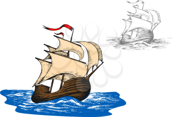 Ancient sail ship in blue ocean waves. Sketch style vector illustration. Discovery and adventure theme