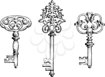 Old vintage key skeletons set. Vector sketch style. Isolated on white background
