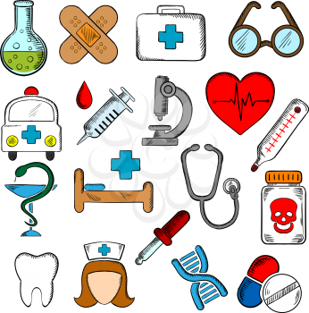 Medicine and health icons set hospital and pharmacy signs, nurse and  ambulance, first aid box and pills, syringe, stethoscope and heart ecg, tooth and glasses, dna, medication and microscope