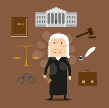 Judge profession icons with judge man in mantle and wig, encircled by law book, gavel, prisoner photo, court building, scales, paper scroll and briefcase