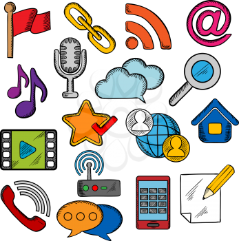 Multimedia and communication icons with smartphone, microphone, music and video player, email and search, chat and call symbols, cloud storage, favorite star and flag pin, home and notebook, rss feed 