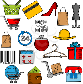 Shopping, retail industry and commerce icons with shopping cart, basket and bags, credit card, wallet, money, delivery and barcode, store, qr code, gift box and calculator, shoes and hat