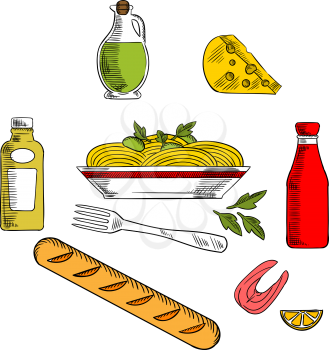 Italian pasta food icons design with italian spaghetti, sauce and basil encircled by bottles of olive oil, tomato and mustard sauces, fork, cheese, ciabatta bread and salmon fish