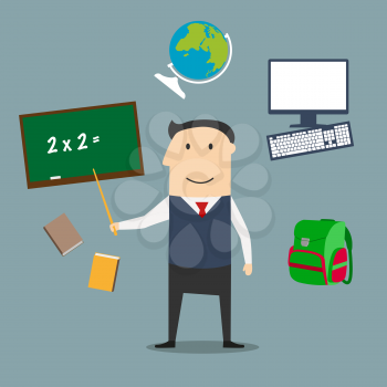 Teacher profession concept with man encircled by blackboard with chalk formula, books and pen, laboratory flasks and school bag, exercise book with geometric figures and triangle ruler