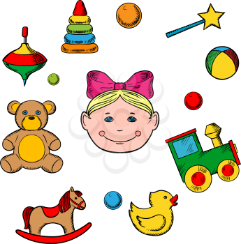 Childish toys and little girl icons with silhouette of a small girl head surrounded by her toys as bear, horse, duck, rattle, train, ball, pyramid and whirligig