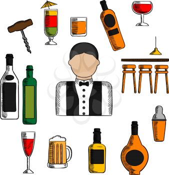 Bartender profession icons with bar counter, alcohol bottles and shaker, corkscrew and cocktails, beer tankard and wine glass, barman in uniform with bow tie