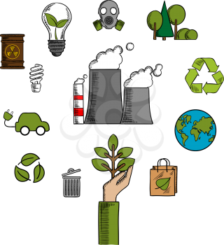 Environment and ecological conservation icons with recycling, electric cars, green leaves, eco-friendly energy with a radiation symbol, gas mask and industrial chimney belching fumes. Vector illustrat