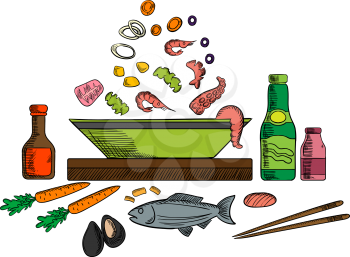 Seafood dish with sauce bottles and chopsticks, whole fish and bowl with pieces of tuna, shrimps and mussels, olives and vegetables