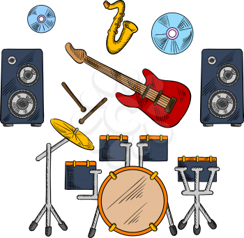 Musical band icons with drum set and electric guitar instruments, drum sticks and saxophone, disks and speakers