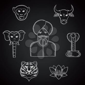 Indian animals of worship and national symbols in chalk style with indian man in turban, holy cow and elephant, cobra, monkey, tiger and lotus on blackboard