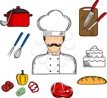 Cook or chef profession flat concept with man in toque and tunic with bread, beef steak, pot with ladle, tiered cake, sliced fresh vegetables, chopping board with knives, whisk and fork