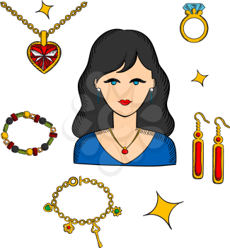 Pretty brunette woman surrounded by fashion gold with gemstones, precious accessories, chain with heart pendant, diamond ring and long earrings, bracelets and shining stars