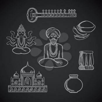 Indian culture and religion icons with Taj Mahal and sitar, fresh chili pepper and chili powder, tabla drum and vase, God Vishnu, bearded man in turban and necklace in lotus pose