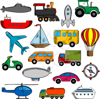 Transportation icons set with silhouettes of cars and buses, train and trucks, ship and airplane, motorcycle and sailboat, compass and tractor, helicopter and rocket, submarine, hot air balloon and ai