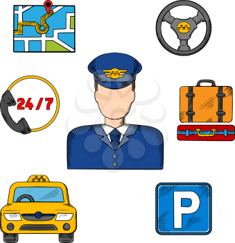 Taxi driver profession and service with man in uniform surrounded by taxi service objects such as yellow car, parking sign and luggage, steering wheel and navigation map