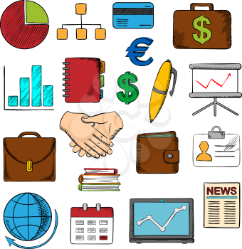 Business, finance and office icons with financial reports and money, handshake and chart, briefcases and laptop, news and globe, calendar, pen and organizer