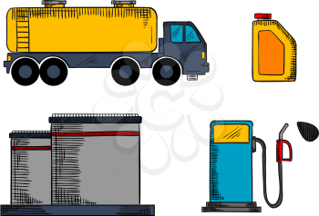 Oil industry storage, transportation and filling station icons  with tanks, pump, gasoline tank and oil canister