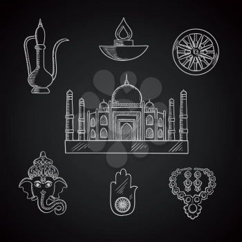 Indian religion and culture symbols with Ganesha God, ashoka Chakra wheel and hamsa hand amulet, brass teapot and ethnic jewelry, Diwali lamp and Taj Mahal temple