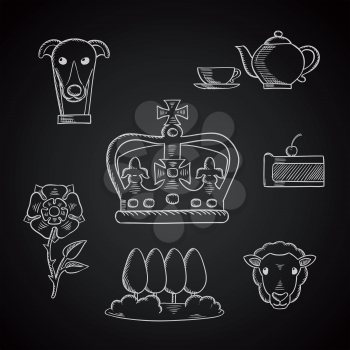 England traditional symbols and icons with heraldic tudor rose and pie, park landscape, dog and tea set, sheep and emperor crown