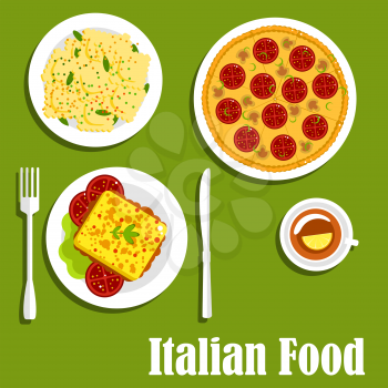 Dishes of italian cuisine with pizza topped with mozzarella, mushrooms and tomatoes, hot sandwiches with meatballs and tomato, agnolotti ravioli with melted butter sauce