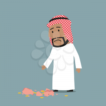 Cartoon arab businessman broken piggy bank and understanding that money box almost empty. Bankruptcy, financial crisis and poverty concept
