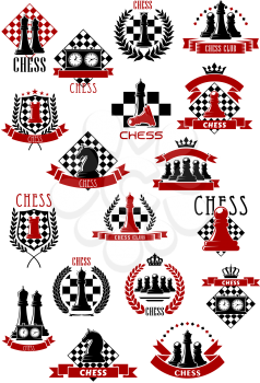 Chessboards and pieces  for chess game icons design with king and queen, rook and knight, pawn and clock elements, encircled by heraldic laurel wreaths and ribbon banners, stars and crowns