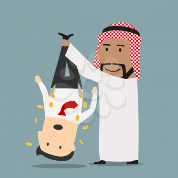 Sly smiling cartoon arab businessman robbing his european businessman, shaking out money from his pockets. Business concept design