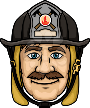 Brave firefighter in cartoon style with smiling mustached fireman in protective hood and black helmet with firefighting badge. Emergency service profession concept