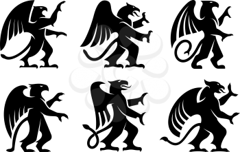 Ancient heraldic griffins symbols of black majestic beasts with body of lion, angel wings and eagle heads. For heraldic design or tattoo