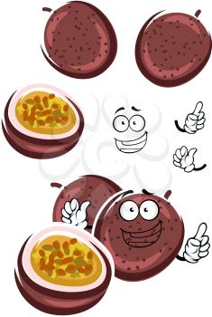 Ripe dark purple passion fruit character with sweet juicy flesh filled with numerous seeds. Happy cartoon fruits for tropical dessert recipe, healthy vegetarian food design