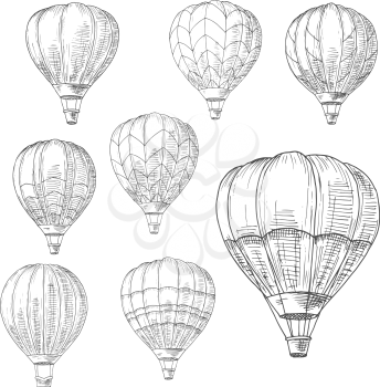 Hot air balloons in flight with decorative inverted teardrop shaped envelopes and wicker baskets. Romantic air travel, adventure or tourism design usage. Retro style sketch vector