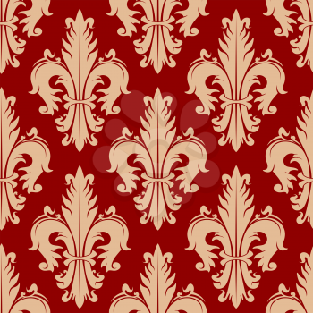 Ancient fleur-de-lis red pattern with seamless ornament of victorian floral elements. Heraldic design for vintage interior, fabric or wallpaper