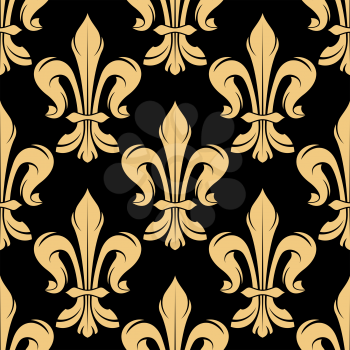 Black and golden seamless fleur-de-lis pattern of royal heraldic lily flowers adorned by swirls and leaf scrolls. Nice for gothic background, textile or wallpaper design usage
