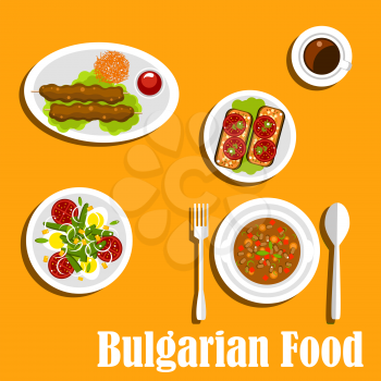Bulgarian cuisine  nutritious dinner menu with bean soup, egg salad with tomatoes, green peas and onions, kebapche with tomato sauce, fried eggplants topped with sliced tomatoes and coffee. Flat style