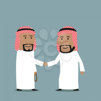 Friendly cartoon arab businessmen in national white garments shaking hands. Business concept of partnership, agreement, cooperation, closing deal or signing contract 
