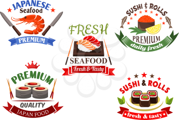 Sushi and seafood elements for japanese cuisine restaurant design with sushi rolls and nigiri, red caviar and salmon, tuna and shrimp, framed by chopsticks, knives, ribbon banners, stars and crowns