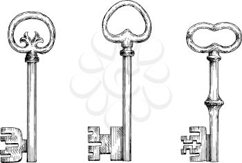 Old fashioned forged door keys sketches with heart shaped bows. Decorative skeleton keys in engraving style for vintage embellishment or medieval design