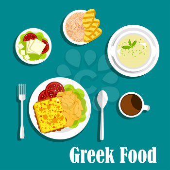 Mediterranean greek cuisine with tasty fried cheese saganaki, potatoes and fresh tomatoes, tripe soup, feta served on a bed of lettuce and tomatoes, scrambled eggs with bread and cup of coffee