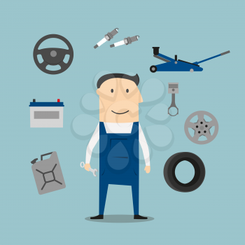 Mechanic profession and equipment with man in uniform overalls and cap, tyre and jack screw, wheel and piston crankshaft, wrench and motor oil, canisters and battery icons