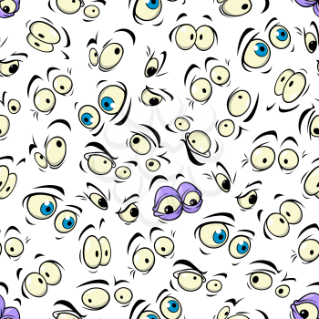 Cartoon eyes seamless pattern background with happy and angry, funny and scared, smile and mad, surprise and eerie emotions